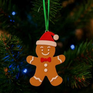 May include: A gingerbread man Christmas ornament. The ornament is brown with white icing details, a red bow tie, and a red Santa hat with a white pom-pom. It hangs from a green ribbon against a blurred Christmas tree background.