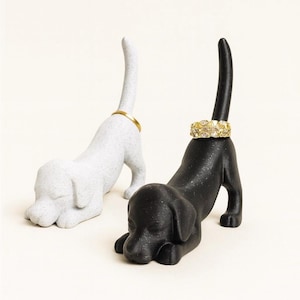 Minimalist Dog Ring Holder – Stretching Dog Jewelry Organizer | Marble White or Black Sparkle Finish – Light Weight