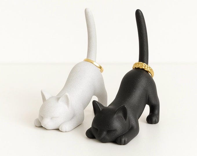 Stretching Cat Ring Holder – Marble White or Black Sparkle Finish – Light Weight