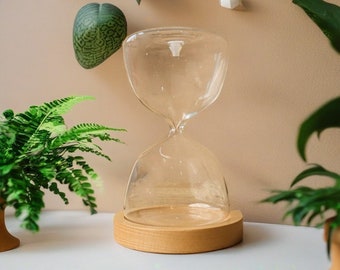 Grabado personalizado Botella de reloj de arena redonda recargable con base de madera, Reloj de arena vacío personalizado para boda, Regalo conmemorativo