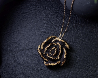 Unique 24k Gold Etna Lava Stone Rose Pendant Handmade in Sicily