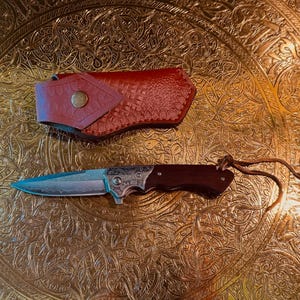 Damascus Pocket Knife Stainless Steel Japanese Leather Sheath Sharp Wood Handle Hunting Knife Folding Knife Outdoor Foldable Camping VG10