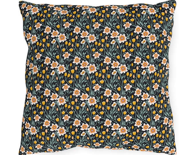 Floral Patio Pillow Midnight Oasis Gold Floral Decorative Outdoor Pillow