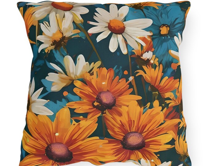 Teal and Orange Summer Patio Pillow Flowers of Stella Floral Outdoor Pillow Patio Decor