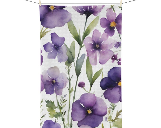 Rich Purple Water Color Floral Microfiber Tea Towel Kitchen Towel Flower Print Dish Cloth Absorbent Cloth Floral Decor