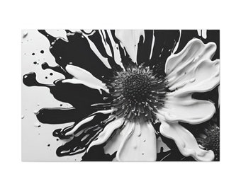 Black and White Paint Splatter Floral Wall Art Modern Home Decor Abstract Flower Painting Monochrome Art Minimalist Wall Decor
