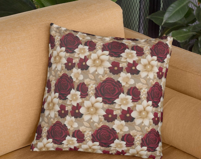Elegant Throw Pillow Crimson Bloom Decorative Floral Indoor Pillow Living Room Decor