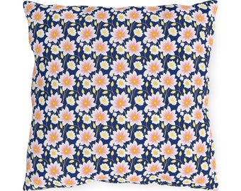 Floral Patio Pillow Sunny Blooms Midnight Blue Decorative Outdoor Pillow