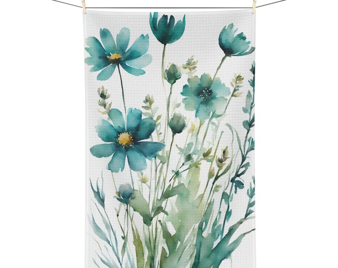 Teal Water Color Floral Absorbent Microfiber Tea Towel Kitchen Towel Flower Print Dish Cloth Floral Decor