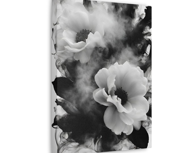 Smokey Monochrome Floral Wall Art Canvas Black and White Home Decor Living Room Decor