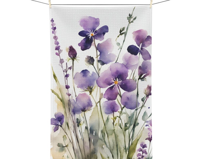 Violet Water Color Floral Absorbent Microfiber Tea Towel Kitchen Towel Flower Print Dish Cloth Floral Decor