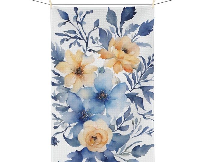 Blue Victorian Water Color Floral Microfiber Tea Towel Gift Absorbent Kitchen Towel Dish Cloth Flower Print Kitchen Decor
