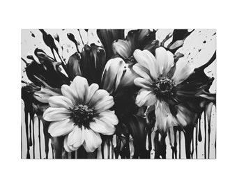 Minimalist Black and White Floral Wall Art Abstract Flower Canvas Monochrome Paint Splatter Home Decor
