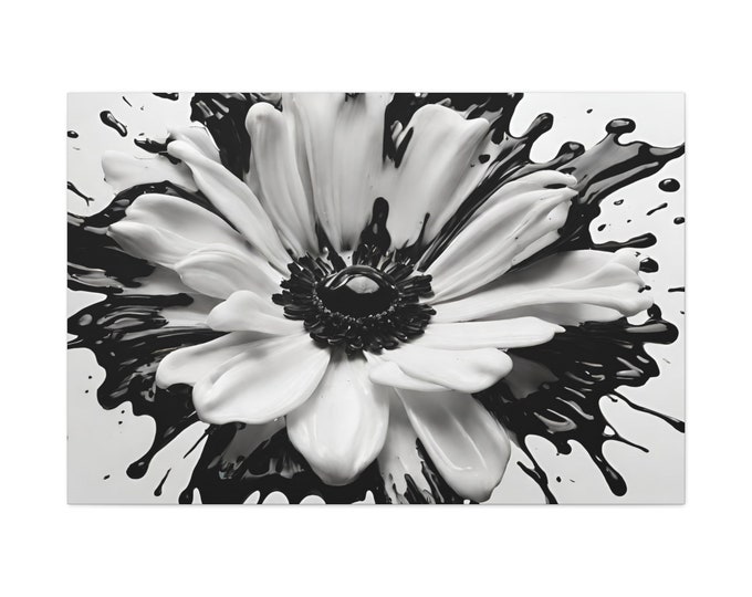 Abstract Floral Wall Art Paint Splatter Home Decor Black and White Flower Painting Canvas Housewarming Gift