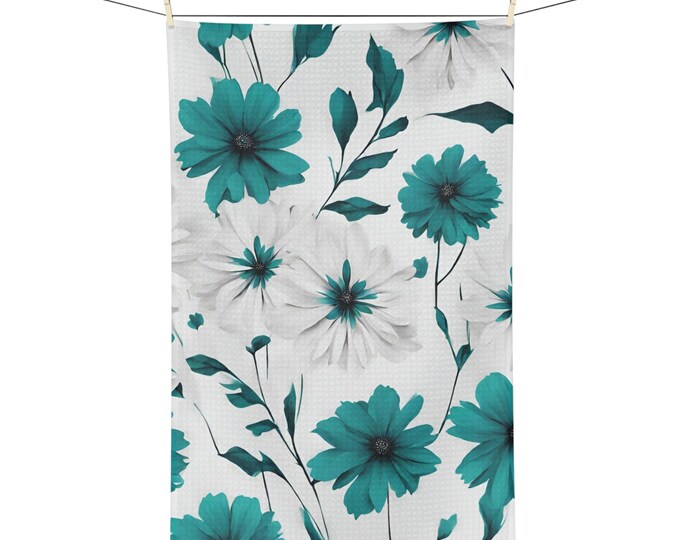 Teal and White Floral Absorbent Microfiber Tea Towel Kitchen Towel Dish Cloth Flower Print Kitchen Decor