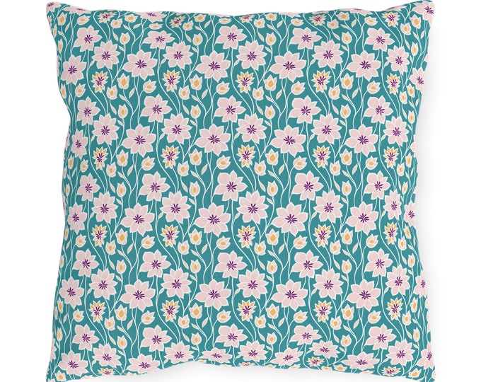 Floral Patio Pillow Teal Dream Petal Decorative Outdoor Pillow