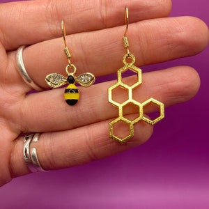 Bee and Large Honeycomb 14k gold plated dangle earrings, .925 sterling, cute bee earrings
