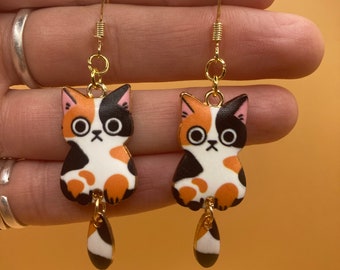 Cute Calico Tabby Cat earrings, swinging tails, 14k gold plated .925 sterling lightweight nickel-free, kawaii cat earrings