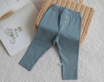 Minimely | Green Color Toddler Leggings | Button Detailed Kids Trousers | Ribbed Baby Pants |  Elastic Newborn Tight