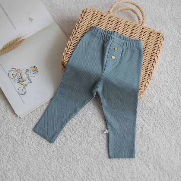 Minimely | Green Color Toddler Leggings | Button Detailed Kids Trousers | Ribbed Baby Pants |  Elastic Newborn Tight