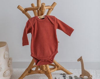 Organic Cotton Newborn Romper | Rust Color Infant Bodysuit | Long Sleeve Ribbed Baby Clothing | Coming Home Outfit | Baby Basics