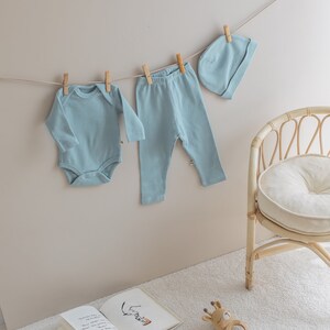 Newborn Home Coming Set Organic Cotton Toddler Clothes Infant Ribbed Romper Leggings Hat Bundle Baby Hospital Outfit image 6