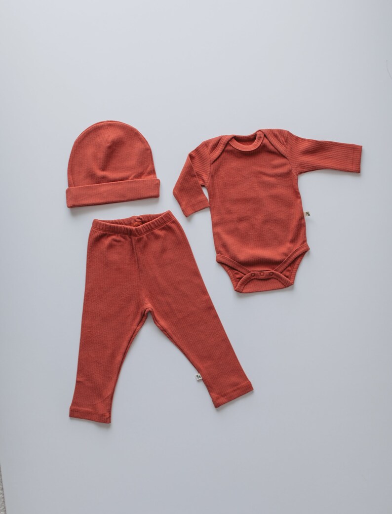 Newborn Home Coming Set Organic Cotton Toddler Clothes Infant Ribbed Romper Leggings Hat Bundle Baby Hospital Outfit Rust