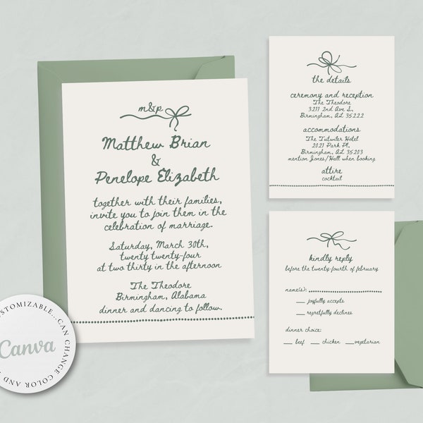 Whimsical Coquette Handwritten Wedding Invitation Suite,Garden Party, Digital Download,DIY wedding invitation template,Vintage French,Trendy