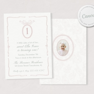 1st Birthday Invitation Girl, Vintage 1st Birthday Invitation Template, Editable First Birthday Photo Invitation Template,Bow Theme Birthday