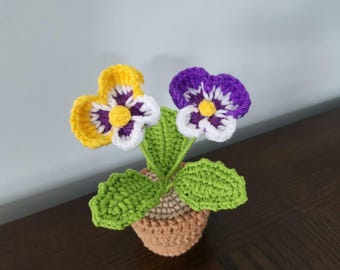 Crochet Pansy Plant in pot, Handmade Knitted February Birth Flower