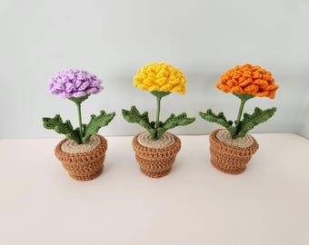 Crochet Marigold in Pot: Handmade Knitted Marigold,  birthday gifts, home decor