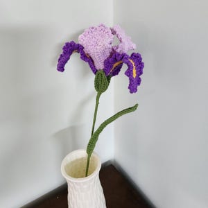 Op de afbeelding: Een gehaakte paarse en lichtpaarse irisbloem met groene bladeren in een witte keramische vaas.