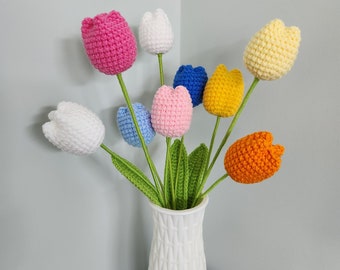 Crochet Flowers, stem Tulip flowers, Holiday gifts, decoration flowers, crochet Tulips, Mother's day gifts, finished flowers,presents