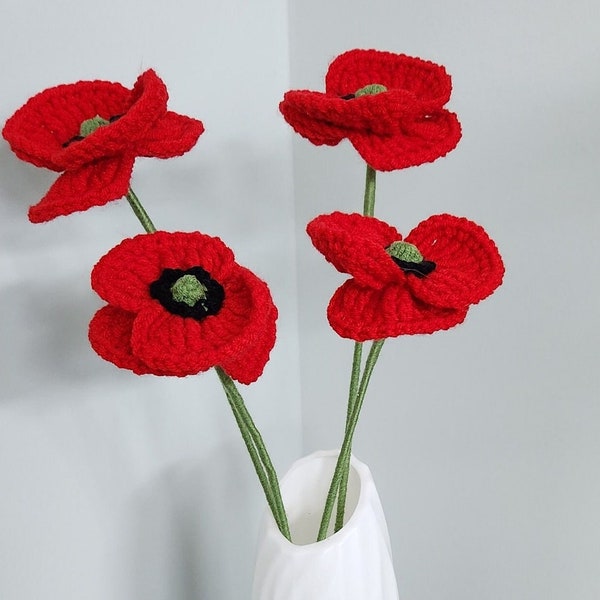 Handmade Crochet flowers Poppy, gifts for Mother's day gifts, holiday gifts, stem flowers, artificial flowers, home decorations, corn poppy