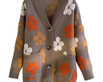 Women Autumn Winter Cardigan V-Neck Flower Pocket Loose Long Sleeve Sweater Coat Female Casual Vintage Oversize Jacket Sweater