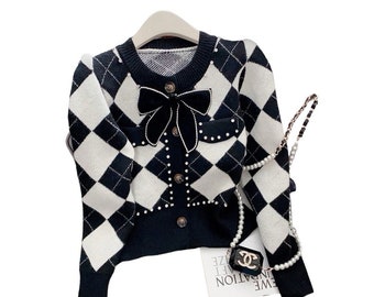 Argyle Knitted Thicken Sweater Cardigan Women Winter Bowtie Elegant Vintage Stylish Fashion Coat Jacket Long Sleeve Jumper