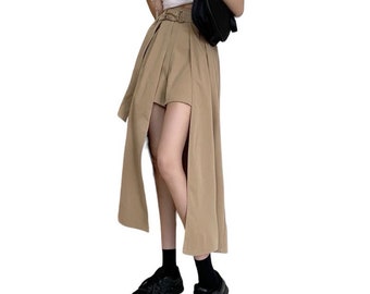 Summer Solid Belted Split Hem Cargo Skirts Women High Waist Wild Flared Asymmetrical Office Lady A Line Skirt Streetwea