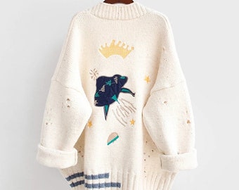 Harajuku Loose Elegant V Neck Women Cardigan Sweater Autumn Winter Knit Cardigan Cartoon Embroidery Oversize Sweater Coat