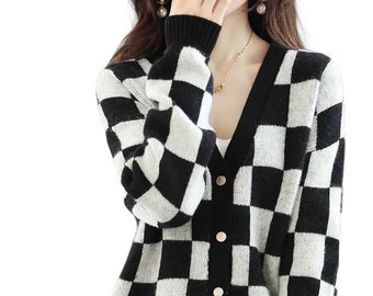 Women Knitted Sweater | Cardigans Sweater | Vintage Sweater | Long Sleeve Jumpers | Plaid Pattern Cardigan Sweater | Women Clothing