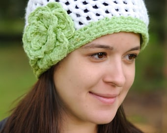 Elegant Green and Cream Crochet Hat Handmade Crochet Flower Beanie, Cream & Green Slouchy Hat - Etsy main image 2