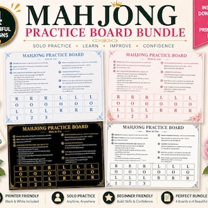 May include: A Mahjong practice board bundle featuring four distinct printable designs. Each board includes instructions on how to use the layout, with a grid labeled R, O, L, 1, 2, and 3. The bundle includes blue, pink, black, and white color schemes.