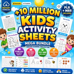 Puede incluir: Un paquete digital de 10 millones de hojas de actividades para niños que incluye laberintos, unir puntos, colorear por números, rompecabezas, sopas de letras, conteo, caligrafía, el alfabeto y números. Incluye derechos PLR y MRR.