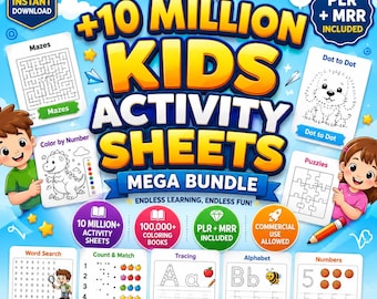 Può includere: Un pacchetto digitale di 10 milioni di fogli di attività per bambini che include labirinti, unisci i puntini, colora per numero, puzzle, ricerca parole, conteggio, tracciamento, alfabeto e numeri. Include diritti PLR e MRR per uso commerciale.