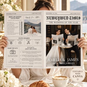 Può includere: Un modello di giornale di nozze intitolato Newlywed Times ambientato sul Lago di Como, Italia, datato 21 settembre 2026. Il layout include un gioco, premi per gli ospiti, curiosità e la foto di una coppia a un tavolino da caffè.