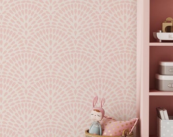 Girl nursery peel and stick wallpaper pink, removable wallpaper for renters, pink and white scallop wallpaper removable, minimal wallpaper