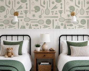 Vintage Sports Wallpaper, Sage Green Nursery Decor, Retro Athletic Kids Room, Scandinavian Boys Wallpaper