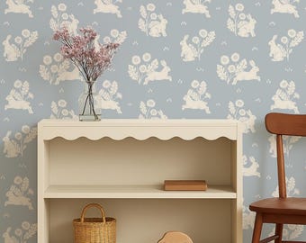 Light Blue Bunny Wallpaper – Whimsical Woodland Wallpaper with Rabbits and Florals, Peel and Stick wallpaper for baby boy nursery