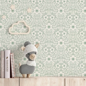 Cute sage green floral damask wallpaper for baby girl nursery, neutral kids room peel and stick wallpaper, removable wallpaper sage green