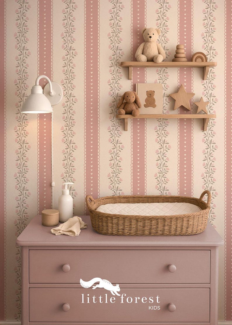 Dusty Pink Floral Stripe Wallpaper for Girl Nursery, Vintage Nursery ...