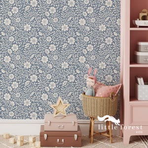 Blue floral wallpaper for girl nursery, romantic botanical wallpaper peel and stick, rustic farmhouse blue botanical wallpaper small scale